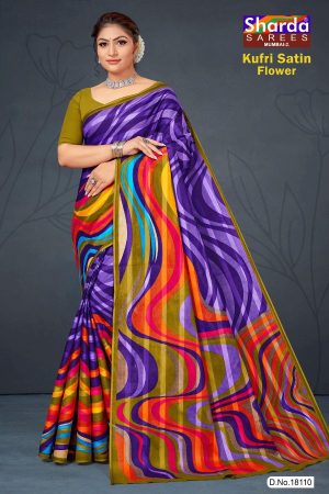 Kufri Satin Flower Cotton Saree with Purple and Mehndi Pattern Design