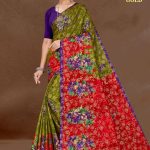 Turkish Gold cotton saree in mehndi green and red with big flower design