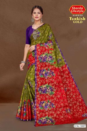 Turkish Gold cotton saree in mehndi green and red with big flower design