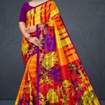 Kufri Satin Flower Cotton Saree with Yellow and Hot Red Pattern Design