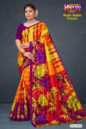 Kufri Satin Flower Cotton Saree with Yellow and Hot Red Pattern Design