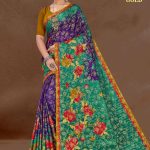 Turkish Gold cotton saree in magenta and peacock green with big flower design