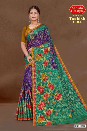 Turkish Gold cotton saree in magenta and peacock green with big flower design