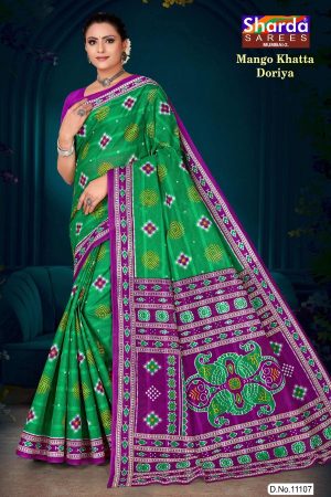 Mango Khatta Doriya green and magenta cotton saree with traditional bandhani design