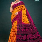 Orange and pink seasonal fruit cotton saree with accent design