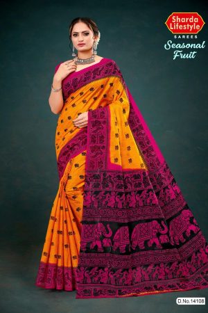 Orange and pink seasonal fruit cotton saree with accent design