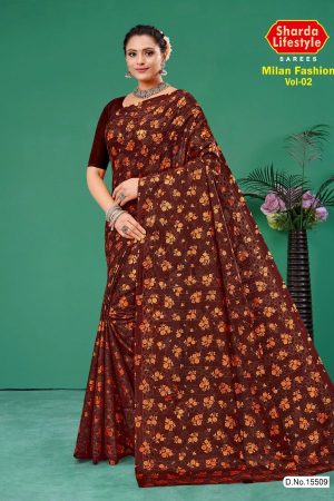 Milan Fashion Vol.02 cotton saree in shining maroon and copper with floral design