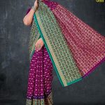 Bhagya Vidhata Gold cotton saree in green and magenta with small flower design