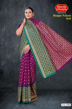 Bhagya Vidhata Gold cotton saree in green and magenta with small flower design