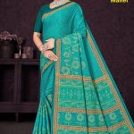 Golden Taj Mahal Cotton Saree in Light Blue and Golden Color