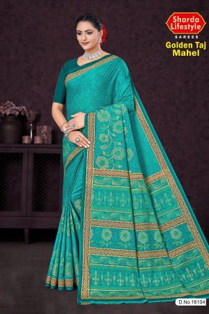 Golden Taj Mahal Cotton Saree in Light Blue and Golden Color