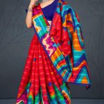 Kufri Satin Flower Cotton Saree with Red and Sky Blue Pattern Design