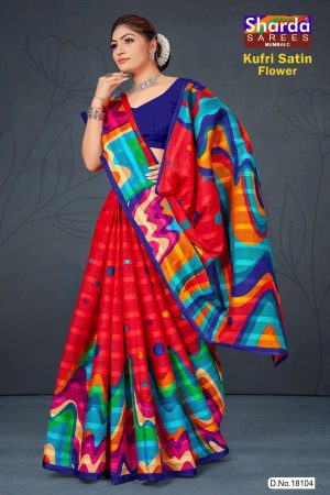 Kufri Satin Flower Cotton Saree with Red and Sky Blue Pattern Design