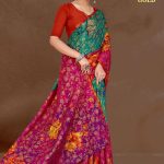 Turkish Gold cotton saree in peacock green and pink with big flower design