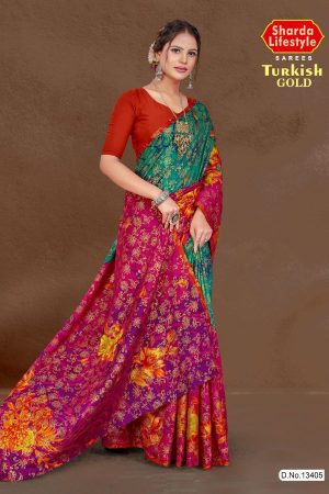 Turkish Gold cotton saree in peacock green and pink with big flower design