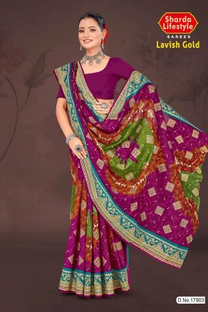 Lavish Gold Cotton Saree with Magenta and Golden Color and Square Design