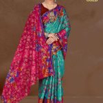 Turkish Gold cotton saree in peacock green and light pink with big flower design