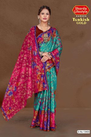 Turkish Gold cotton saree in peacock green and light pink with big flower design