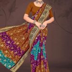 Lavish Gold Cotton Saree with Light Brown and Sky Blue Color and Bandhni Design