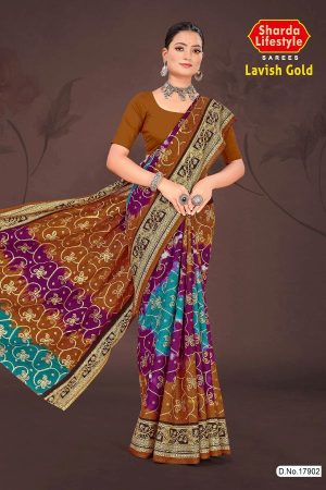 Lavish Gold Cotton Saree with Light Brown and Sky Blue Color and Bandhni Design