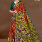 Turkish Gold cotton saree in mehndi and green with big flower design