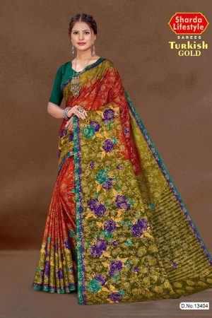 Turkish Gold cotton saree in mehndi and green with big flower design