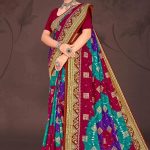 Lavish Gold Cotton Saree with Maroon and Blue Color and Bandhni Design