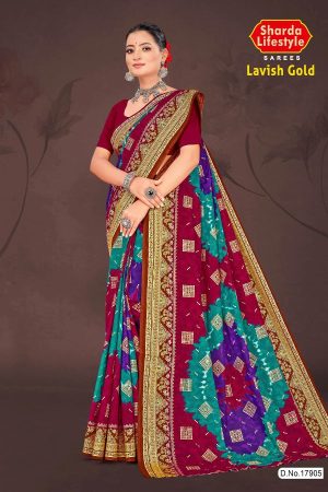 Lavish Gold Cotton Saree with Maroon and Blue Color and Bandhni Design