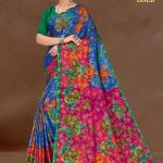 Turkish Gold cotton saree in blue and pink with big flower design