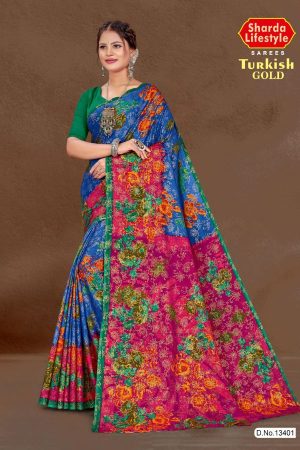 Turkish Gold cotton saree in blue and pink with big flower design