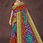 Lavish Gold Cotton Saree with Maroon and Peacock Green Color and Bandhni Design