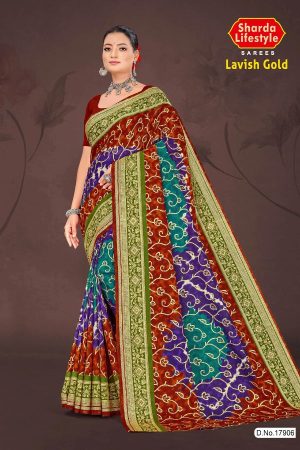 Lavish Gold Cotton Saree with Maroon and Peacock Green Color and Bandhni Design