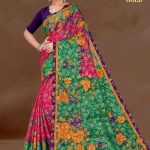 Turkish Gold cotton saree in pink and green with big flower design