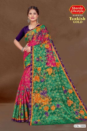 Turkish Gold cotton saree in pink and green with big flower design