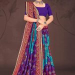 Lavish Gold Cotton Saree with Purple and Sky Blue Color and Bandhni Design