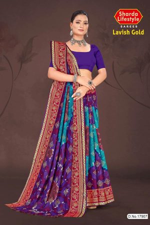 Lavish Gold Cotton Saree with Purple and Sky Blue Color and Bandhni Design