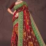 Lavish Gold Cotton Saree with Dark Maroon and Dark Green Color and Bandhni Design