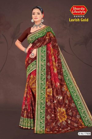 Lavish Gold Cotton Saree with Dark Maroon and Dark Green Color and Bandhni Design