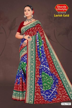 Lavish Gold Cotton Saree with Maroon and Dark Blue Color and Bandhni Design