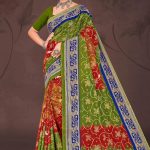 Lavish Gold Cotton Saree with Green and Dark Blue Color and Bandhni Design