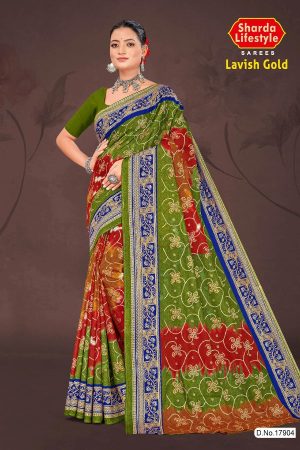 Lavish Gold Cotton Saree with Green and Dark Blue Color and Bandhni Design