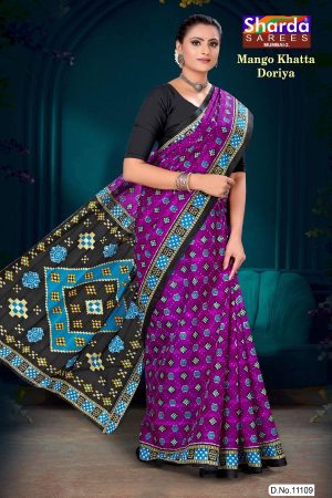 Mango Khatta Doriya purple and black cotton saree with traditional bandhani design