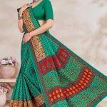 Shagun Malai cotton saree with litter dark green base and red leaf and floral design, front view