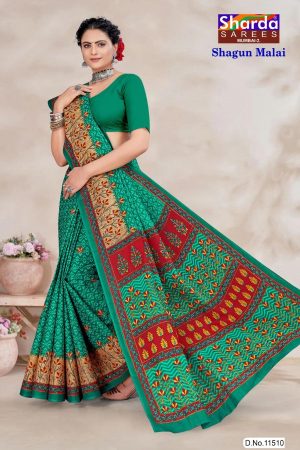 Shagun Malai cotton saree with litter dark green base and red leaf and floral design, front view