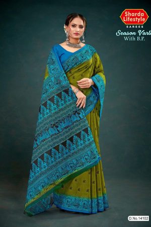 Green and blue season varli cotton saree with animal design