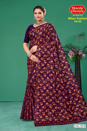 Milan Fashion Vol.02 cotton saree in purple and copper with floral design