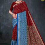 Bhagya Vidhata Gold cotton saree in dark red and blue with small flower design