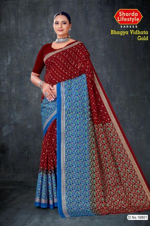 Bhagya Vidhata Gold cotton saree in dark red and blue with small flower design