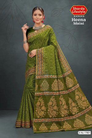 Heena Malai Cotton Saree in Green and Cream Color with Luxury Design