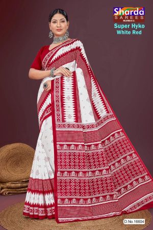 Super Hyko White Red Cotton Saree with Beautiful Design